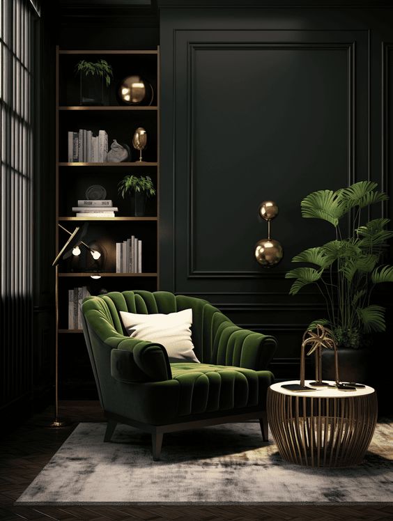 Dark Bedroom with Green Velvet Accents
