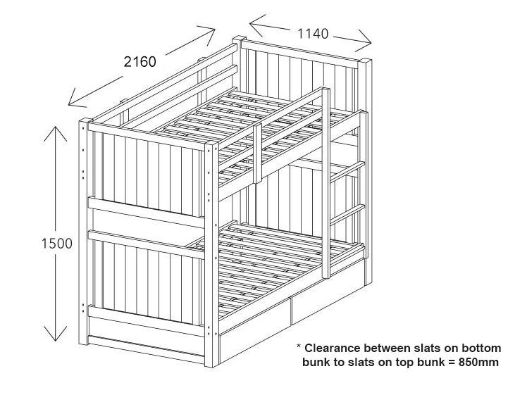 Drawing of White Myer Hardwood Kids Single Bunk Bed with Storage with measurements