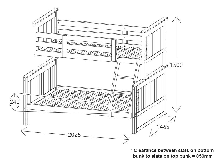 Drawing of Myer Hardwood Kids Triple Bunk Bed with Measurements