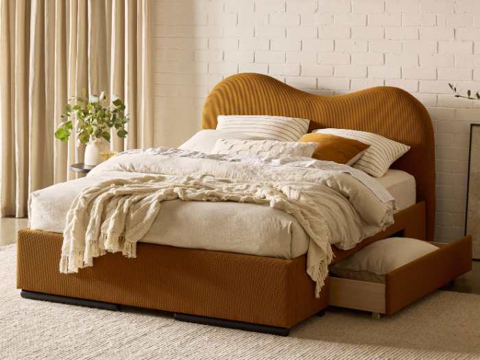 Amber Queen Storage Bed | Waffle Mustard Fabric