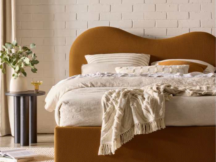 Close up photo Amber Queen Storage Bed | Waffle Mustard Fabric