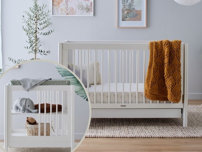 Photo of modern nursery containing Banskia 2PCE Hardwood Baby Cot with Storage and Changing Table Set in White