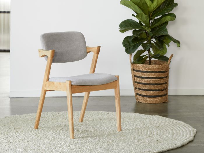 Modern dining room with Bella Natural Dining Chair in Gray Fabric