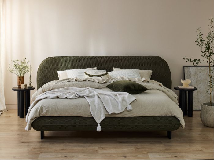 Berlyn King Bed | Olive Green Fabric in a modern bedroom