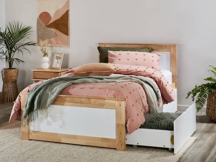 Room with Modern Bedroom Furniture containing Coco Natural & White king single bed frame with storage