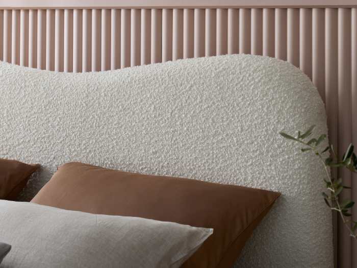 Close up photo Cove Boucle Queen Bed | Ivory Boucle Fabric