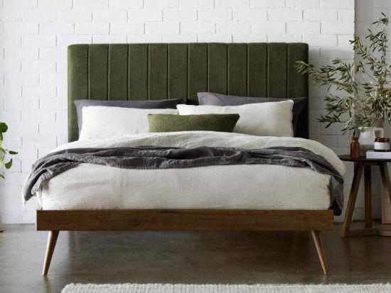 Franki 2PCE Queen Headboard and Bed Base Bundle | Rustic Walnut & Green Fabric