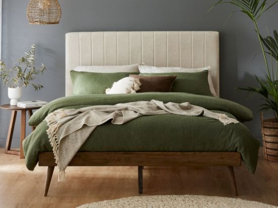 Franki 2PCE Double Headboard and Bed Base Bundle | Rustic Walnut & Beige Fabric