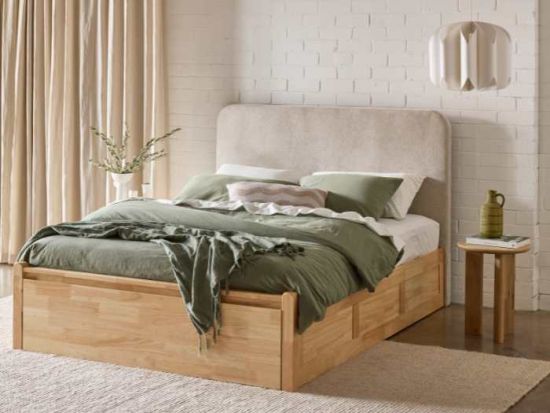 Hideaway Hardwood Queen Size Bed with Storage | Natural | Beige Fabric