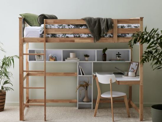 Buddy King Single Loft Bed with Desk and Shelves | Natural Hardwood Frame