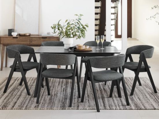 Cannes 7PCE Hardwood Black Dining Set | Charcoal Fabric