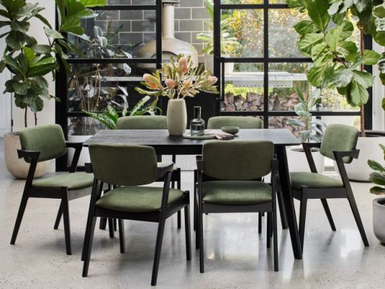 Cannes 7PCE Hardwood Black Dining Set | Green Fabric