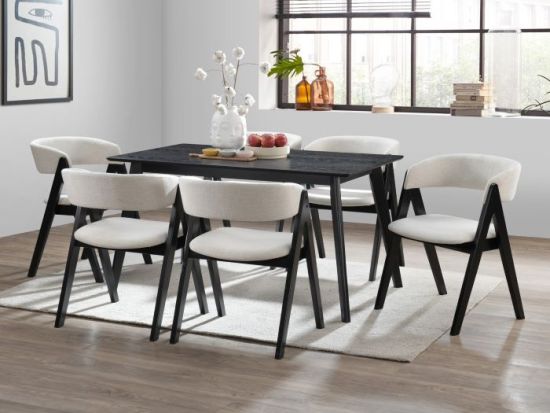 Cannes 7PCE Hardwood Black Dining Set | Beige Fabric