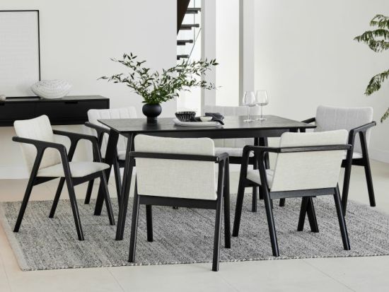 Elm 7PCE Black Hardwood Dining Set | Beige Fabric