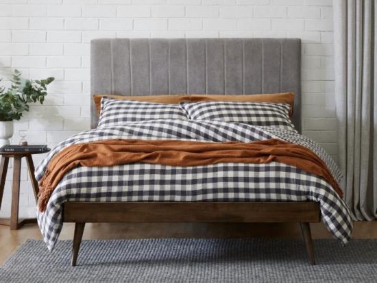 Franki 2PCE Queen Headboard and Bed Base Bundle | Rustic Walnut & Grey Fabric