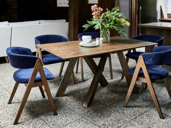 Gaudi 7PCE Hardwood Dining Set | Rustic Walnut | Navy Fabric