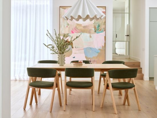 Gaudi 7PCE Natural Hardwood Dining Set | Green Fabric