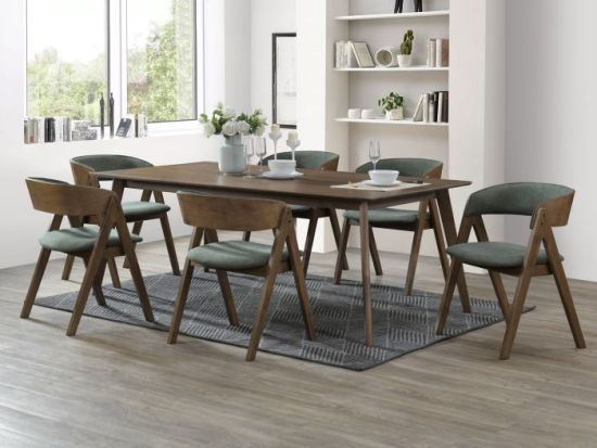 Gaudo 7PCE Hardwood Dining Set | Rustic Walnut | Green Fabric