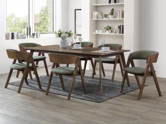 Gaudo 7PCE Hardwood Dining Set | Rustic Walnut | Green Fabric