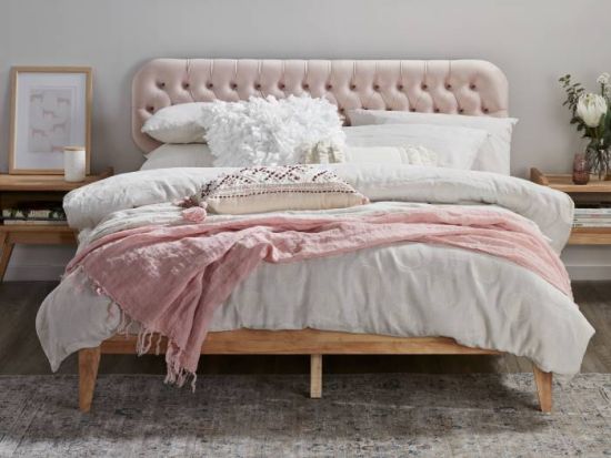 Halo Double Bed Frame | Natural Hardwood | Pink Fabric