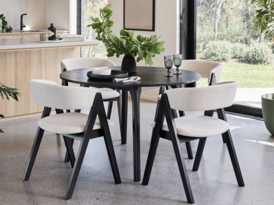 Oslo 5PCE Hardwood Round Dining Set | Black | Beige Fabric