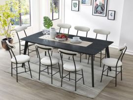 Photo of modern dining room containing Acero 9PCE Hardwood and Steel Dining Set in beige fabric