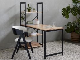 Modern home office containing Axel 2-in-1 desk with shelves in natural hardwood and black steel 
