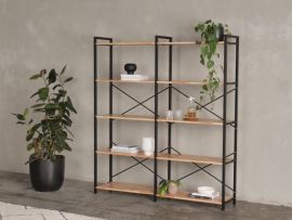 Modern home office containing Axel 2PCE shelving unit in natural hardwood and black steel 