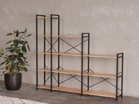 Modern home office containing Axel 3PCE step shelving unit 2100mm in natural hardwood and black steel 