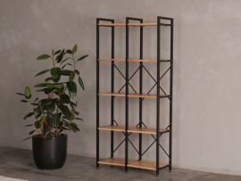 Modern home office containing Axel 2PCE shelving unit tall 875mm in natural hardwood and black steel 