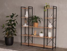 Modern home office containing Axel 3PCE u-shape shelving unit 1700mm in natural hardwood and black steel 