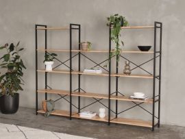 Modern home office containing Axel 3PCE u-shape shelving unit 2500mm in natural hardwood and black steel 