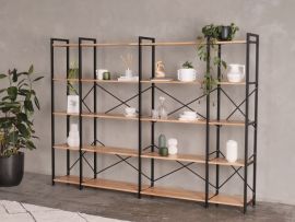 Modern home office containing Axel 4PCE tall shelving unit 2525mm in natural hardwood and black steel 