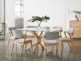 Room with Modern Dining Furniture containing Bella 7PCE Glass Top Rectangle Dining Set with Natural Hardwood Frame