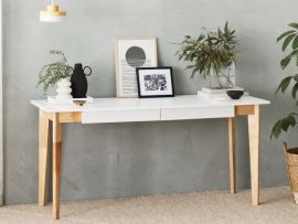 Modern living room featuring Byron 2 drawer hardwood hall console table or study desk in white and natural