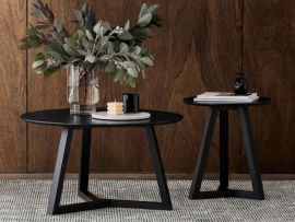 Photo of modern living room containing Cannes 2PCE Round Hardwood Coffee and Side Table Set in black  