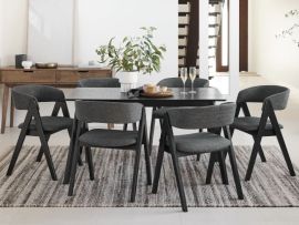 photo of cannes 7pce black sustainable hardwood dining set with eco-friendly charcoal fabric in modern dining room. 