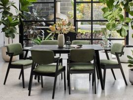 Modern dining room with Cannes hardwood dining set in black with Bella hardwood dining chairs in black and green