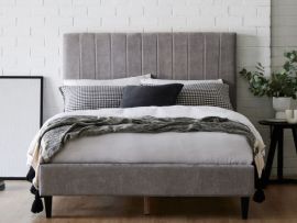 Modern bedroom containing Cannes 2PCE upholstered headboard and bed base in grey