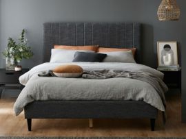 Photo of modern bedroom containing Cannes 2PCE Queen upholstered Headboard and Bed Base Bundle in Charcoal