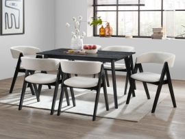 photo of cannes 7pce black sustainable hardwood dining set with eco-friendly beige fabric in modern dining room. 