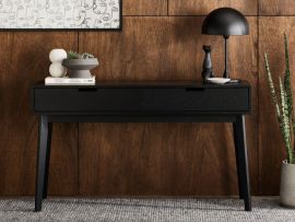 Modern living room featuring Cannes 2 drawer hardwood hall console table or study desk in black.