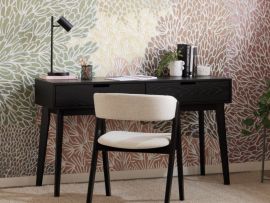 Modern home office containing Cannes Black Hardwood 2 Drawer Study Desk with gaudi dining chair