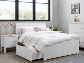 Room with modern bedroom furniture containing Coco 5PCE White Double Bedroom Suite with Storage