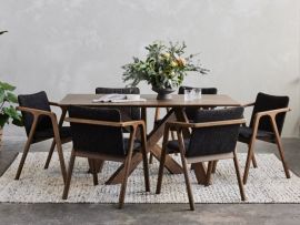 Modern dining room containing Cruz 7PCE Hardwood Dining Set in walnut and black fabric