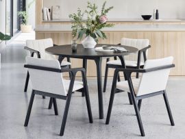 photo of modern dining room containing Elm 5PCE Round Black Hardwood Dining Set with Eco-friendly Beige Fabric