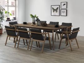 modern dining room containing elm 9pce hardwood dining set in rustic walnut and black fabric