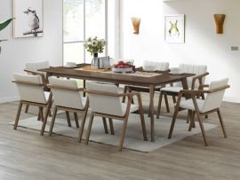 modern dining room containing elm 9pce hardwood dining set in rustic walnut and beige fabric