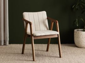 Photo of elm hardwood dining chair in walnut and beige fabric in modern dining room