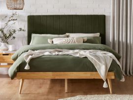 Modern bedroom containing Franki 2PCE headboard and bed base set in natural hardwood and green fabric.